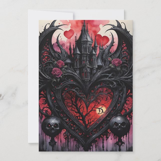 Tarjeta Festiva Gothic Valentine Red Hearts Black Castle (Anverso)