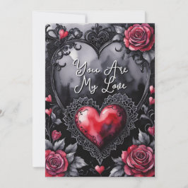 Tarjeta Festiva Gothic Valentine Red Hearts Black Lace & Roses