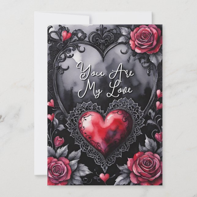 Tarjeta Festiva Gothic Valentine Red Hearts Black Lace & Roses (Anverso)