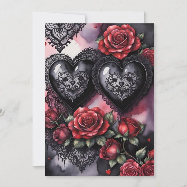 Tarjeta Festiva Gothic Valentine Red Hearts Black Lace & Roses (Anverso)
