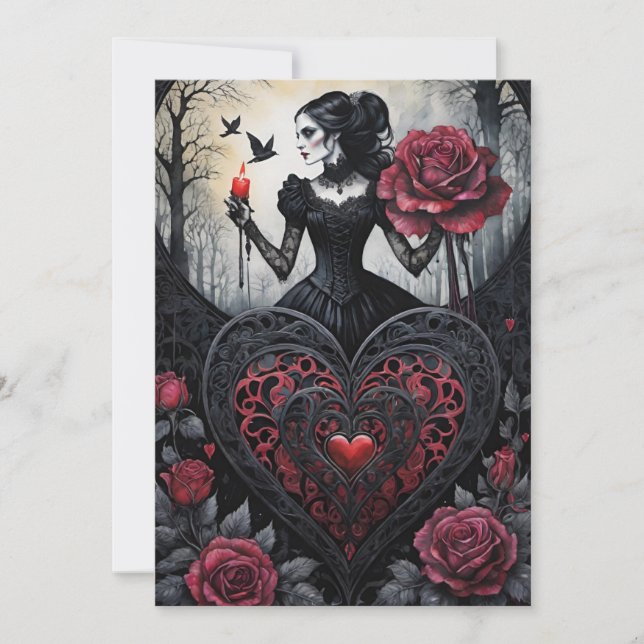 Tarjeta Festiva Gothic Victorian Valentine's Day Hearts Roses (Anverso)