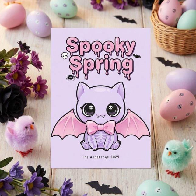 Tarjeta Festiva Gótico de Pascua espeluznante pastel Murciélago Ro (Spooky Spring Pastel Goth Bat Lavender Pink Holiday Card)