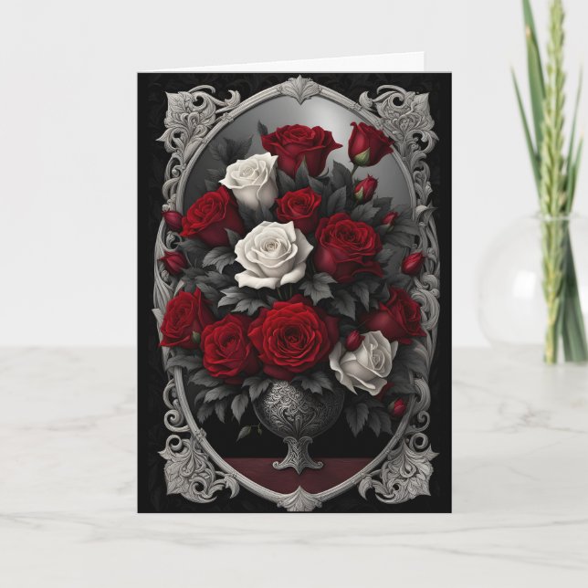 Tarjeta Festiva Gótico de Rosas Rojas y Blancas (Anverso)