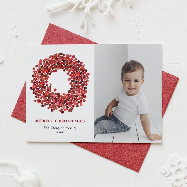 Tarjeta Festiva Gouache Red Winterberry Wreath Photo Navidades (Subido por el creador)
