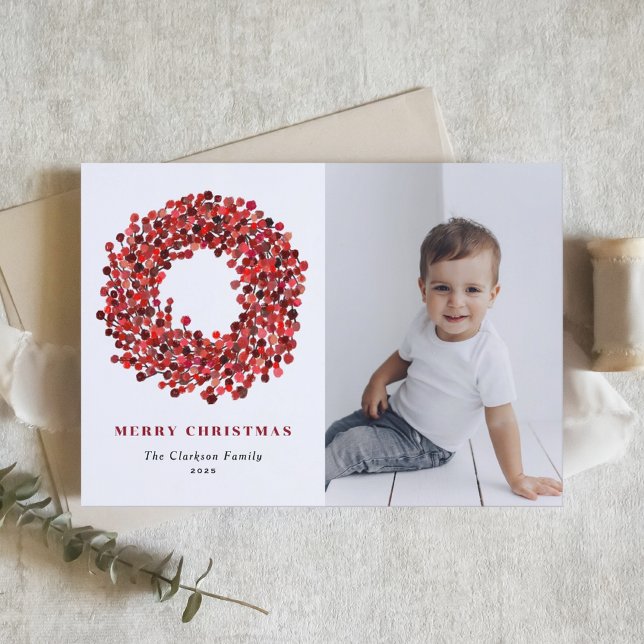 Tarjeta Festiva Gouache Red Winterberry Wreath Photo Navidades (Subido por el creador)