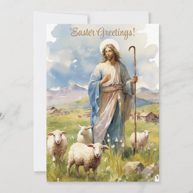 Tarjeta Festiva Gracia de Pascua: Jesús entre las ovejas (Anverso)