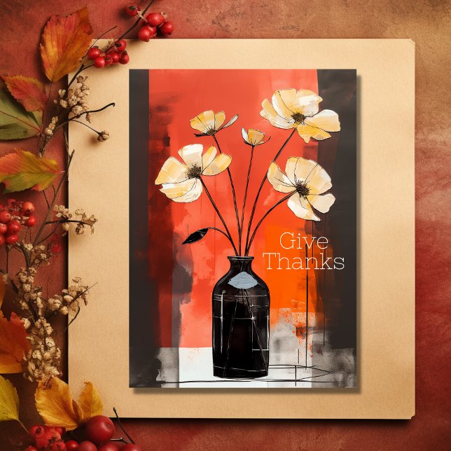Tarjeta Festiva Gracias | Flor moderna y Acción de Gracias de Vase (Front - Give Thanks  Modern Flower and Vase Thanksgiving Holiday Card)