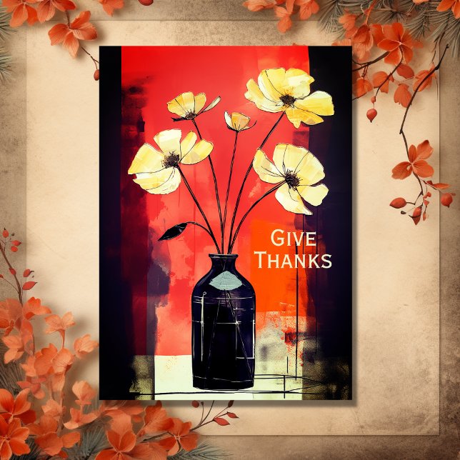 Tarjeta Festiva Gracias | Flor moderna y Acción de Gracias de Vase (Front - Give Thanks  Modern Flower and Vase Thanksgiving Holiday Card)