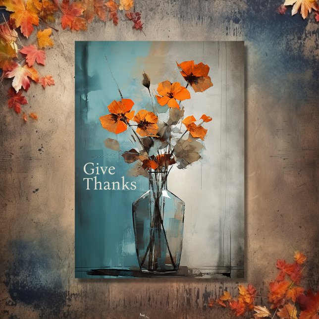 Tarjeta Festiva Gracias | Flor moderna y Acción de Gracias de Vase (Front - Give Thanks  Modern Flower and Vase Thanksgiving Holiday Card)