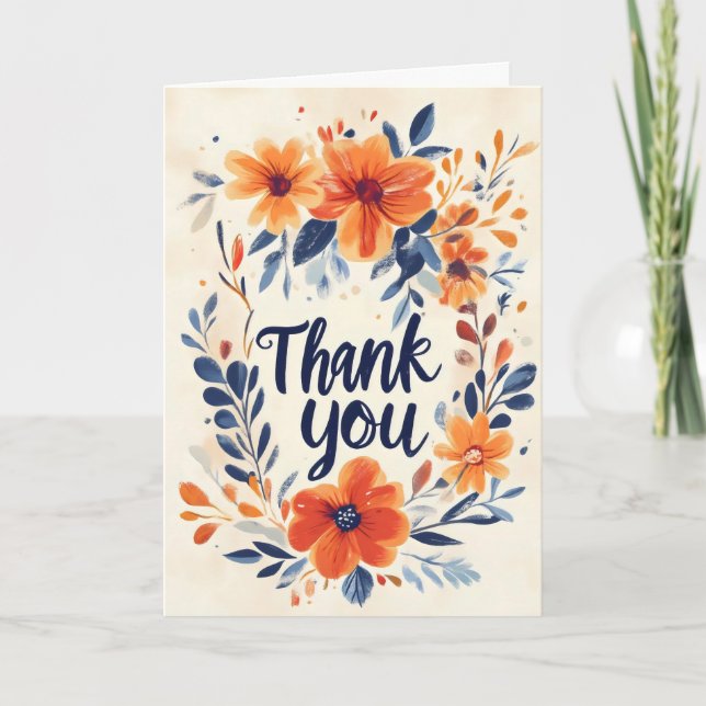 Tarjeta Festiva Gracias Naranja Flor Azul (Anverso)