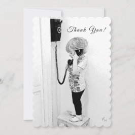 Tarjeta Festiva Gracias, niño, viejo teléfono, arte de B&W