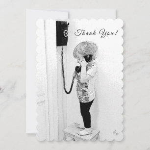 Tarjeta Festiva Gracias, niño, viejo teléfono, arte de B&W