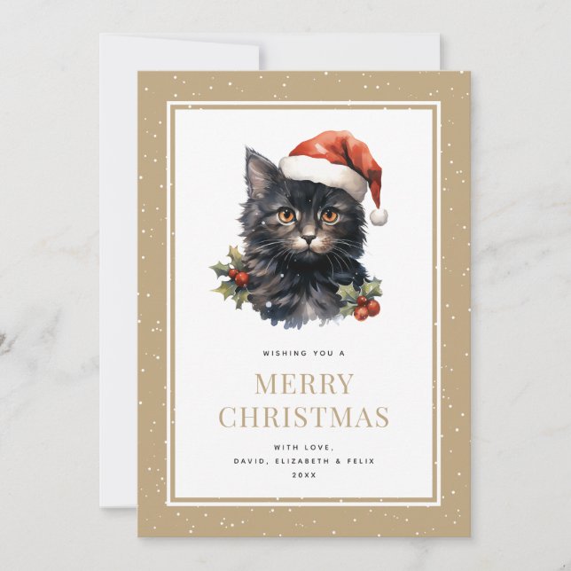 Tarjeta Festiva Graciosa acuarela Black Cat Merry Christmas Card (Anverso)