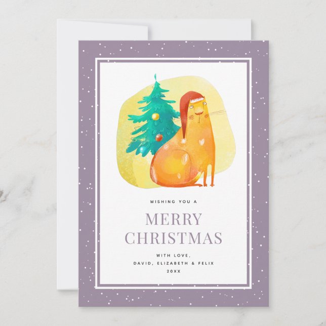 Tarjeta Festiva Graciosa acuarela Cat Purple Merry Christmas Card (Anverso)