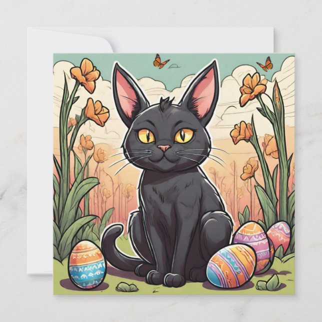 Tarjeta Festiva Graciosa caza de gatitos negros y huevos de pascua (Anverso)