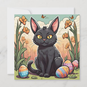 Tarjeta Festiva Graciosa caza de gatitos negros y huevos de pascua