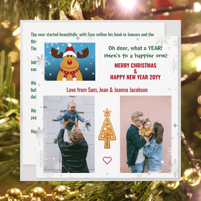 Tarjeta Festiva Graciosa Cosa Oh Deer Rudolph Letra de árbol de Na (Funny Rudolph Oh Deer What a Year 2 Photos Merry Christmas Happy New Year Cute Elegant Xmas Tree)
