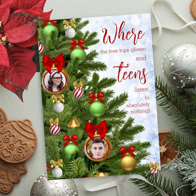 Tarjeta Festiva Graciosa familia adolescente de humor sarcástico F (cute funny christmas cards with 2 photo ornaments for family merry christmas happy holidays cards)