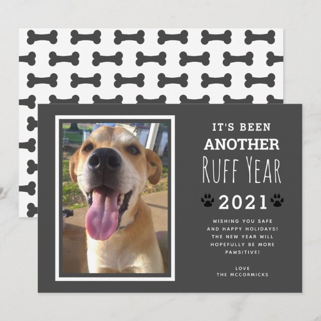 Tarjeta Festiva Graciosa foto Mascota Huesos de Perro Gris Ruff Añ (Anverso / Reverso)