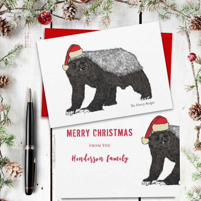 Tarjeta Festiva Graciosa insignia de miel Santa badass ironía (Christmas honey badger funny badass santa personalized holiday card)