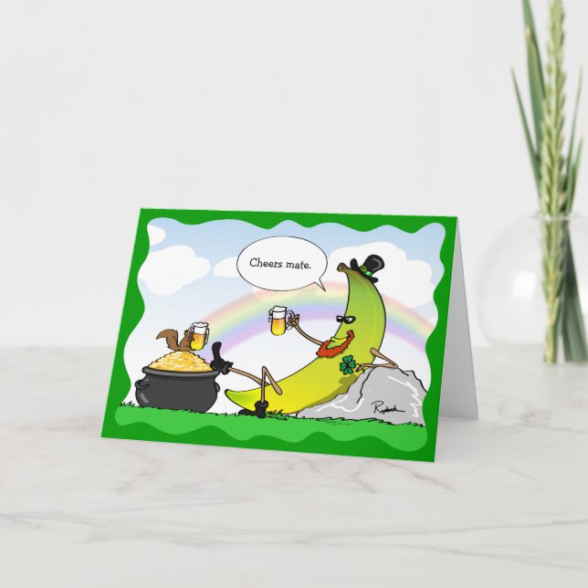 Tarjeta Festiva Graciosa Leprechaun Verde Banana Día de San Patric (Anverso)