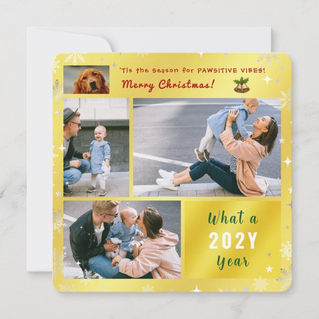 Tarjeta Festiva Graciosa letra de Collage de fotos dorado elegante (Anverso)