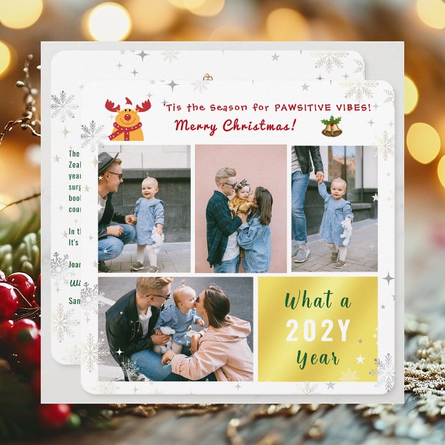 Tarjeta Festiva Graciosa Rudolph 4 Fotos Collage Letter Cute Merry (Elegant Modern Cute Funny Pawsitive Vibes Rudolph Merry Christmas 4 Photos What a Year Snowflakes)
