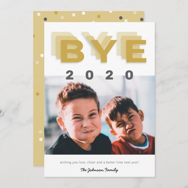Tarjeta Festiva Gracioso "Bye 2020" Gold Single Photo (Anverso / Reverso)