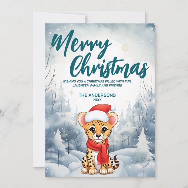 Tarjeta Festiva Gracioso Cheetah Merry Xmas bola de nieve Fiesta d (Anverso)