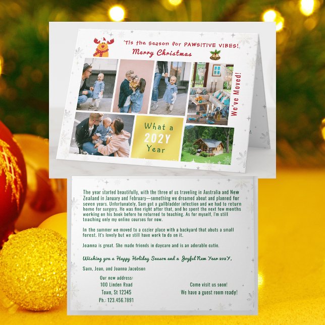 Tarjeta Festiva Gracioso Collage de 7 fotos de Rudolph nos hemos m (Funny Rudolph Christmas card, pawsitive humor. 6 Photos. We've moved letter. Elegant, modern. Snow)