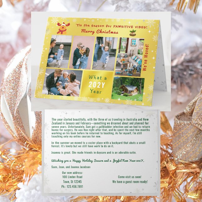 Tarjeta Festiva Gracioso Collage de 7 fotos de Rudolph nos hemos m (Funny Rudolph Christmas card, pawsitive humor. 6 Photos. We've moved letter. Elegant, golden. Snow)