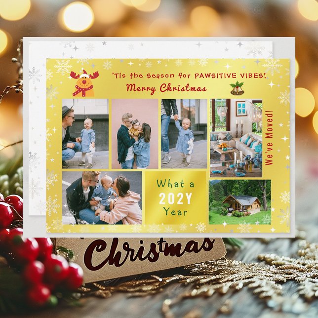 Tarjeta Festiva Gracioso Collage de 7 fotos de Rudolph nos hemos m ('Tis the Season for Pawsitive Vibes. Funny Cute Golden Rudolph 5 Photos Christmas We've Moved Letter)