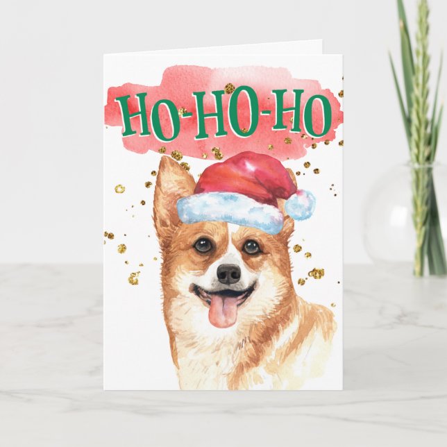 Tarjeta Festiva Gracioso corgi Santa hat yappy howlidays (Anverso)