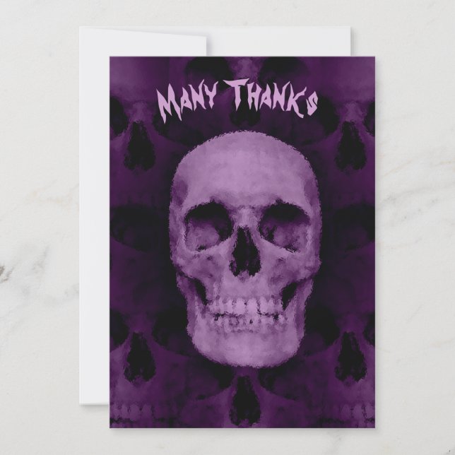 Tarjeta Festiva Gracioso cráneo morado de Halloween muchas gracias (Anverso)