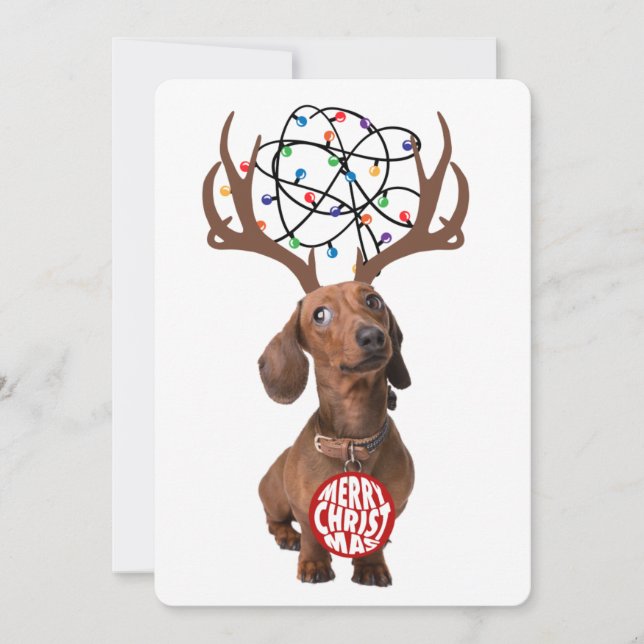 Tarjeta Festiva Gracioso Dachshund Wiener Perro Antlers Feliz Navi (Anverso)