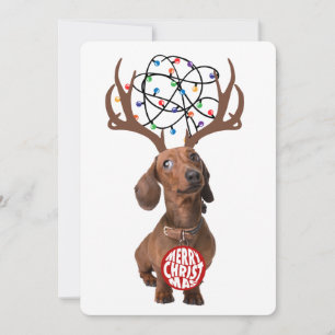 Tarjeta Festiva Gracioso Dachshund Wiener Perro Antlers Feliz Navi