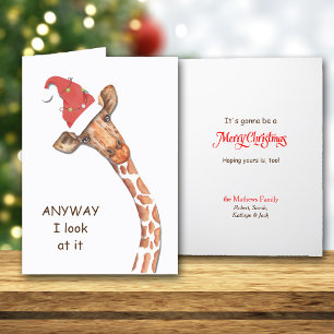 Tarjeta Festiva Gracioso día festivo de Santa Hat Giraffe