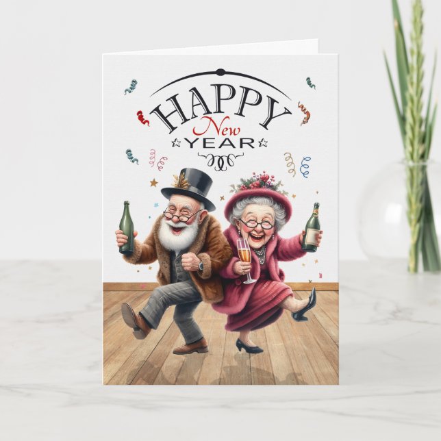 Tarjeta Festiva Gracioso estilo de caricatura de Año Nuevo (Anverso)