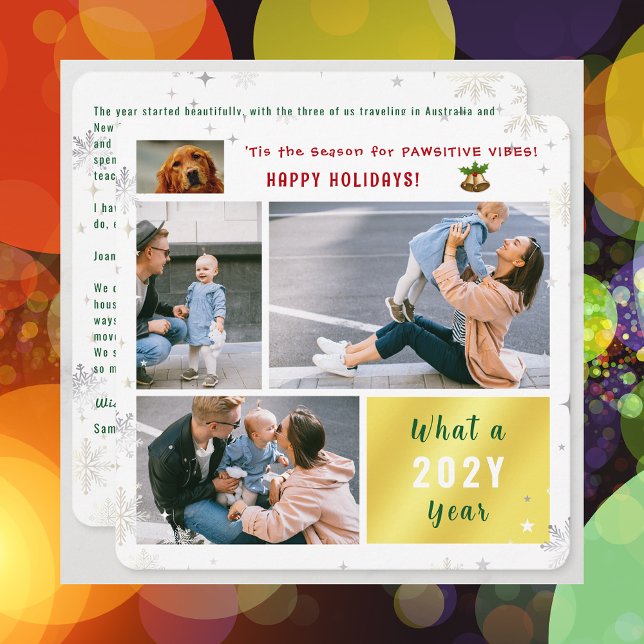 Tarjeta Festiva Gracioso Gato de Perro 4 Fotos Felices Fiestas (Elegant Golden Cute Funny Pawsitive Vibes Pet Dog Happy Holidays 4 Photos What a Year Snowflakes )