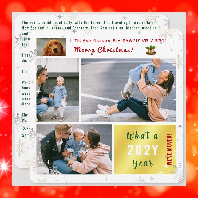 Tarjeta Festiva Gracioso gato de perro 4 fotos nuevo hogar que hem (Funny dog Christmas card. Pawsitive humor. 4 Photos. We've moved letter. Elegant, modern. Snowflakes)