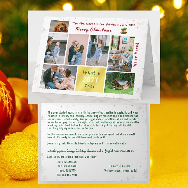 Tarjeta Festiva Gracioso gato de perro moderno de 7 fotos Collage  (Funny dog Christmas card, pawsitive humor. 7 Photos. We've moved letter. Elegant, modern. Cute Snow)