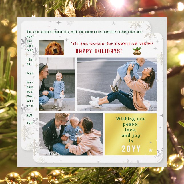 Tarjeta Festiva Gracioso gato de perro Paz Alegría 4 fotos Moderna (Elegant Cute Funny Pawsitive Vibes Pet Dog Happy Holidays 4 Photos Peace Love Joy Snowflakes Letter)