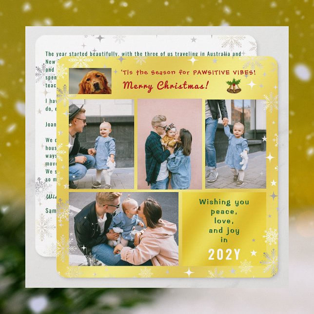 Tarjeta Festiva Gracioso gato de perro Paz Alegría 5 fotos de oro (Elegant Golden Cute Funny Pawsitive Vibes Christmas Card Pet Dog Photo 5 Photos Peace Love Joy)