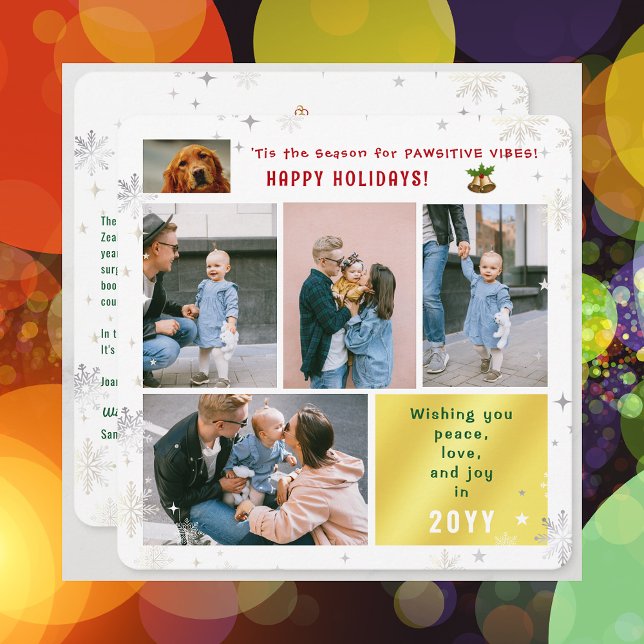 Tarjeta Festiva Gracioso gato de perro Paz Alegría 5 fotos Moderna (Elegant Cute Funny Pawsitive Vibes Pet Dog Happy Holidays 5 Photos Peace Love Joy Snowflakes Letter)