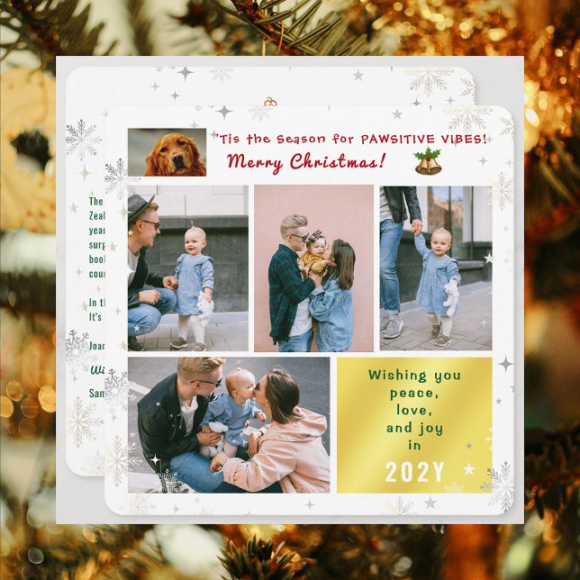 Tarjeta Festiva Gracioso gato de perro Paz Alegría 5 fotos Moderna (Elegant Cute Funny Pawsitive Vibes Pet Dog Christmas Card 5 Photos Peace Love Joy Snowflakes Letter)
