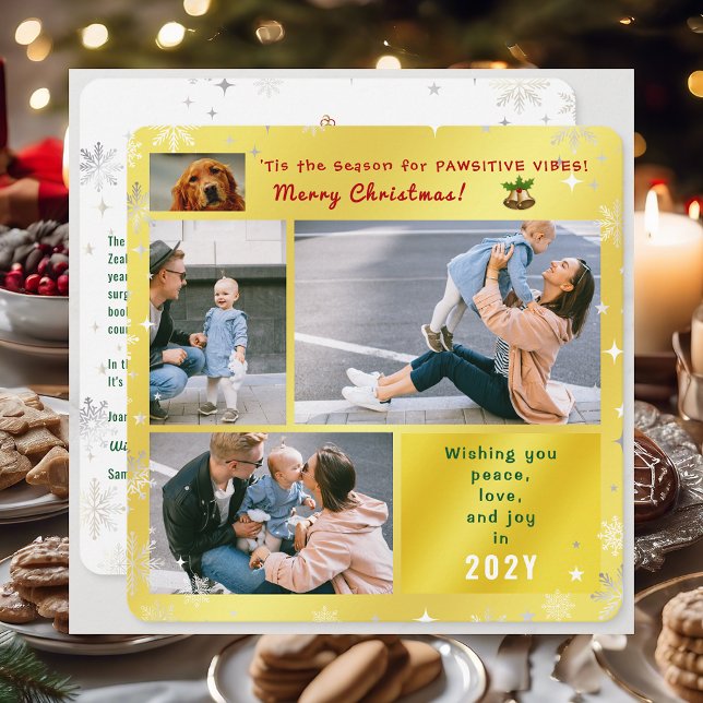 Tarjeta Festiva Gracioso gato de perro Paz Amo Alegría Elegante Fo (Cute Elegant Funny Pet Dog 'Tis the Season Pawsitive Vibes Merry Xmas 4 Photos Snowflakes Golden)