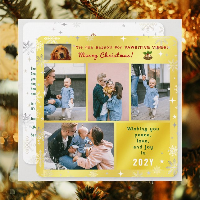Tarjeta Festiva Gracioso gato de perro Paz Amor Alegría Fotos mode (Elegant Golden Cute Funny Pawsitive Vibes Pet Dog Christmas Card 5 Photos Peace Love Joy Snowflakes)