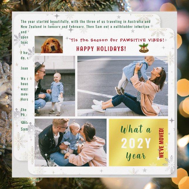 Tarjeta Festiva Gracioso gato de perro que nos hemos mudado 4 foto (Funny Dog with Pawsitive Vibes We've Moved Holidays Card. 4 Photos. Elegant modern cute. Snowflakes)