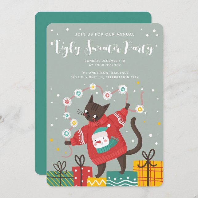 Tarjeta Festiva Gracioso gato feo Navidades suéter Fiesta (Anverso / Reverso)