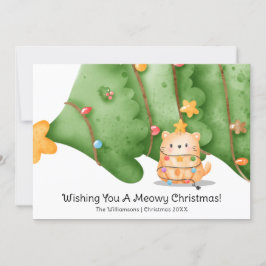 Tarjeta Festiva Gracioso gato lindo Meowy color de agua del árbol 